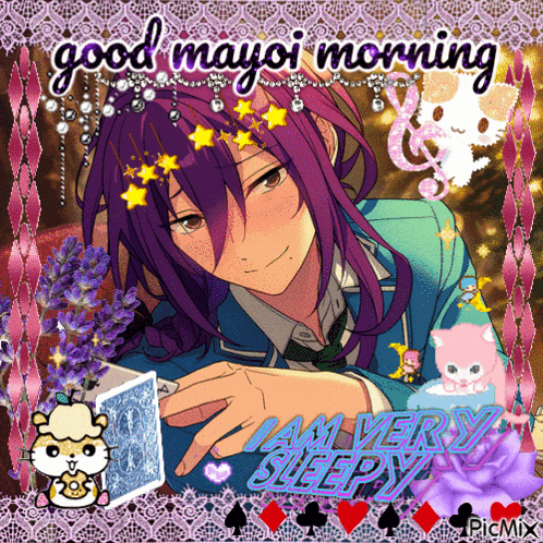 a picture of a boy with purple hair and the words " good mayoi morning "