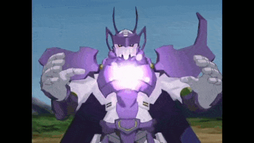 a purple and white robot with a light coming out of his mouth