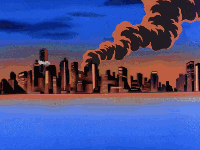 a city skyline with smoke coming out of the buildings