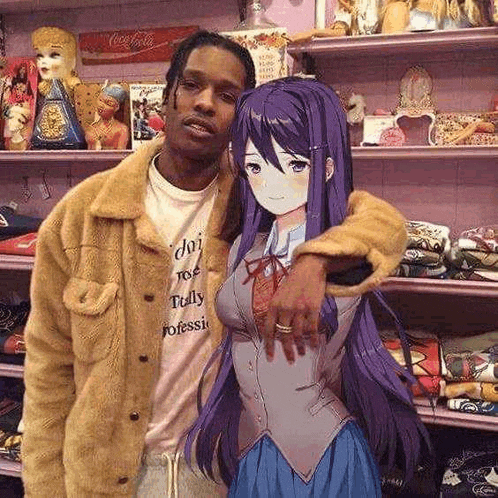 a man is standing next to a purple haired anime girl in a store .