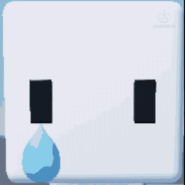 a white box with two black squares and a blue drop
