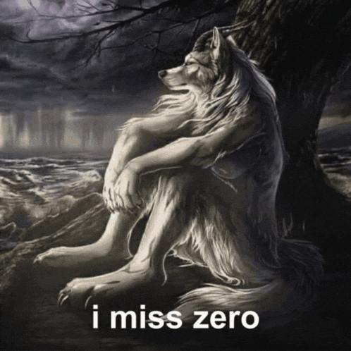 a painting of a wolf sitting under a tree with the words i miss zero below it