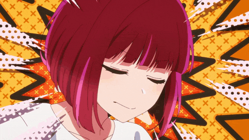 a girl with red hair has her eyes closed in front of a comic book background