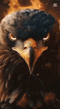 a close up of a bald eagle 's face with a fire background .