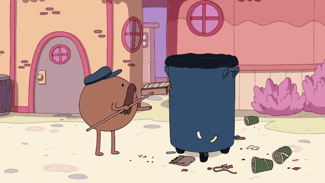 a cartoon character is standing next to a trash can holding a broom