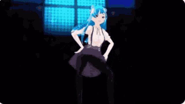 a girl with blue hair is dancing in a video game .