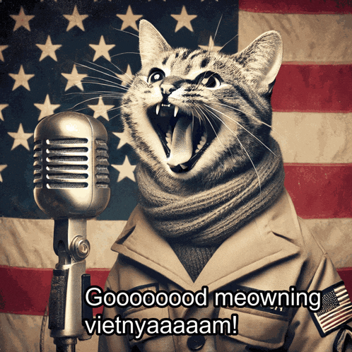 a cat singing into a microphone with the words goooood meowning vietnyaaaam
