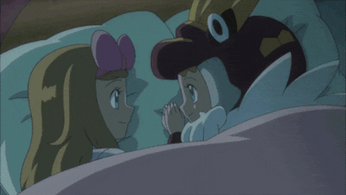 two cartoon characters are laying in bed and one has the number 0 on it