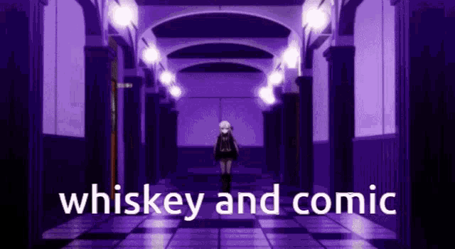 a girl is walking down a purple hallway with the words `` whiskey and comic '' written on the bottom .