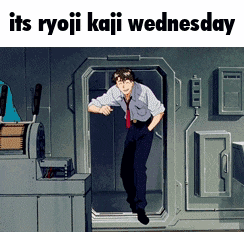 a man standing in a doorway with the words " its ryoji kaji wednesday "