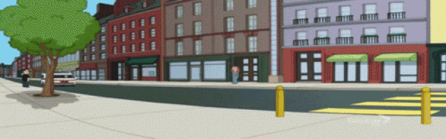 a cartoon drawing of a city street with buildings and a tree