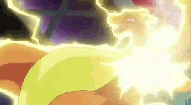 a close up of a cartoon character with a lightning bolt coming out of his mouth .