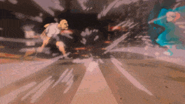 a cartoon of a man running down a street at night