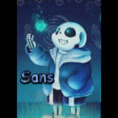 a drawing of sans from undertale holding a blue object .