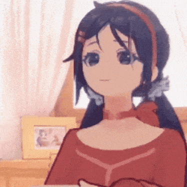 a cartoon girl is sitting in front of a window with a picture frame in the background .