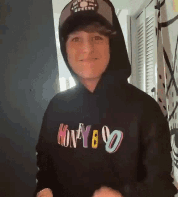 a young man wearing a black hoodie and a hat is standing in a room .