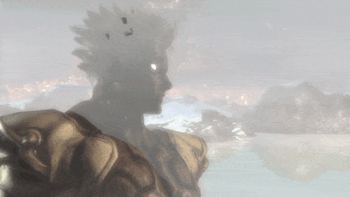 a video game character stands in front of a foggy landscape