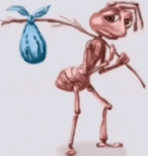 a cartoon drawing of an ant carrying a blue bag on its back
