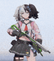a pixel art of a girl holding a green rifle