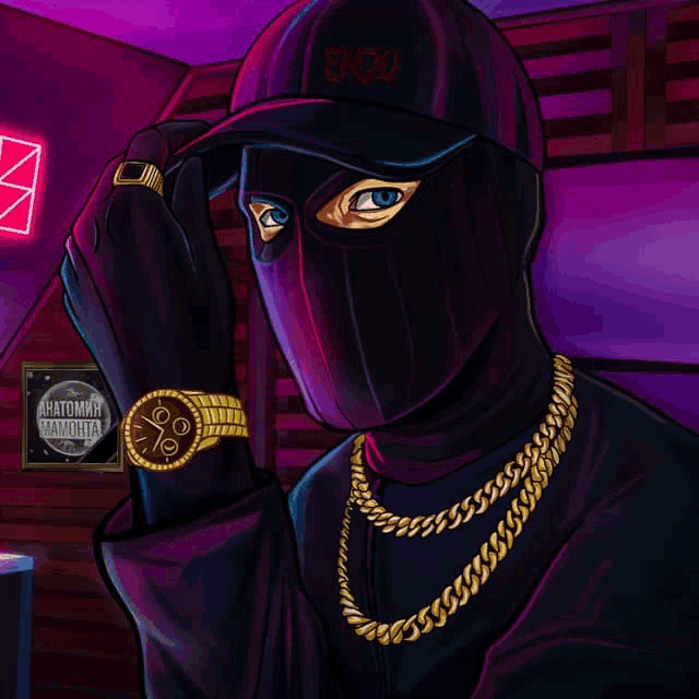 a drawing of a man wearing a mask and a hat with the number 3690 on it