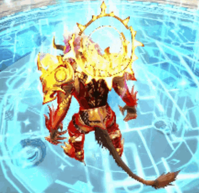 a video game character is standing in front of a blue circle with a sun on his back