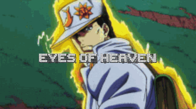 a cartoon of a man with the words eyes of heaven written above him