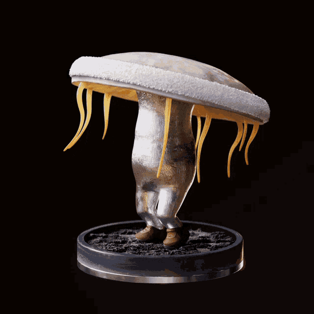 a statue of a mushroom with a hat and boots on