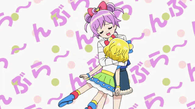 a cartoon girl is holding another girl in her arms with a pattern of letters surrounding them