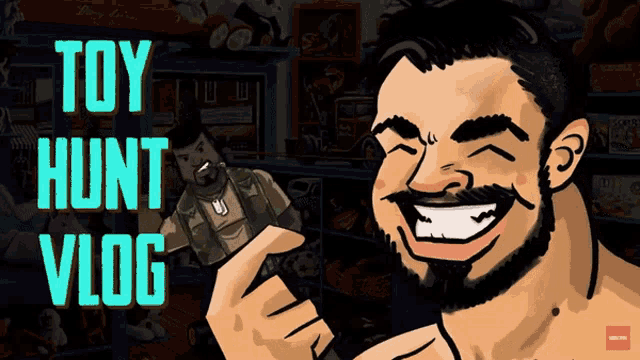 a cartoon drawing of a man with the words toy hunt vlog on the bottom