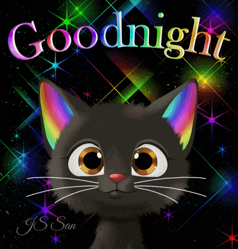 a black cat with rainbow colored ears says goodnight on a colorful background