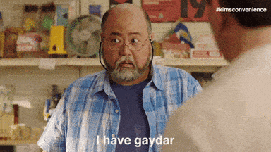 a man in a blue plaid shirt is talking to another man and says i have gaydar