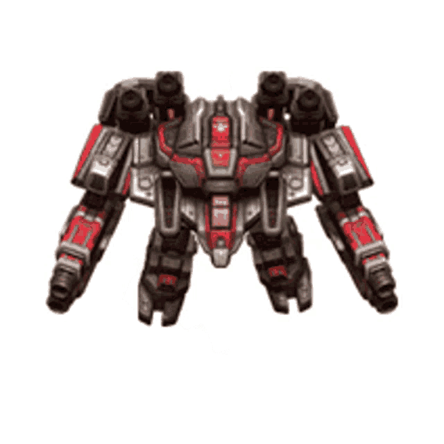 a robot with red and black arms and legs is flying in the air .