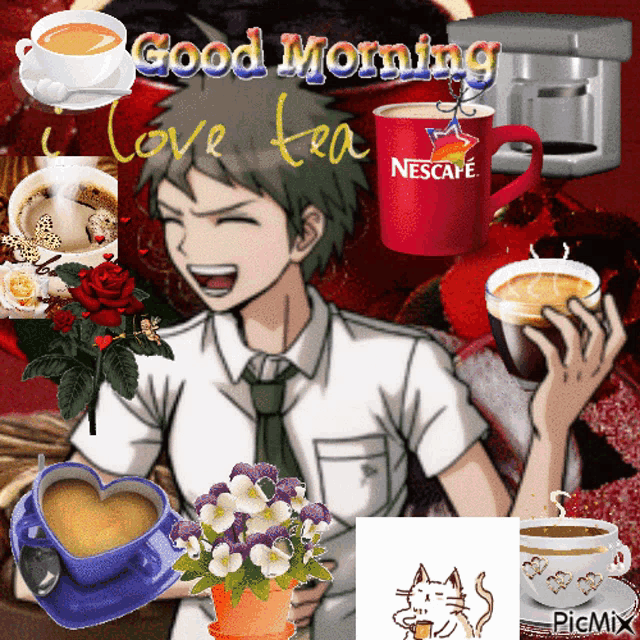 a man is surrounded by cups of nescafe coffee and flowers