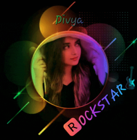 a picture of divya rockstar with a rainbow background