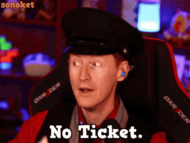 a man wearing a black hat and a red jacket says no ticket