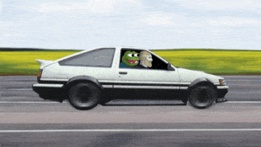 two cartoon characters are driving a car with a frog in the window