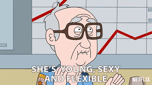 a cartoon of an older man with glasses and the words she 's young sexy and flexible