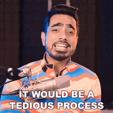 a man singing into a microphone with the words it would be a tedious process above him