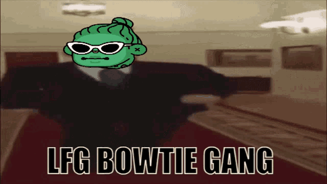 a cartoon of a man in a suit and tie with the words lfg bowtie gang on the bottom
