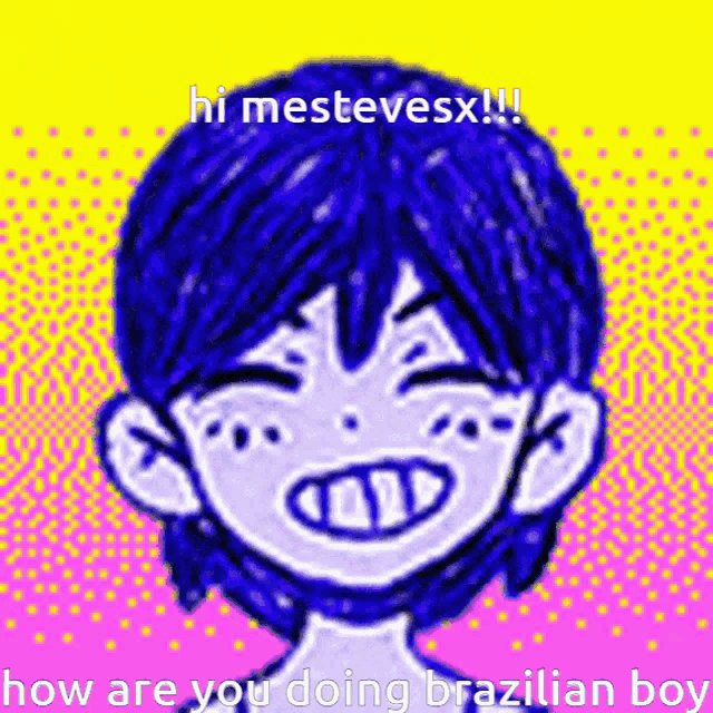 a drawing of a boy with blue hair says hi mestevesx