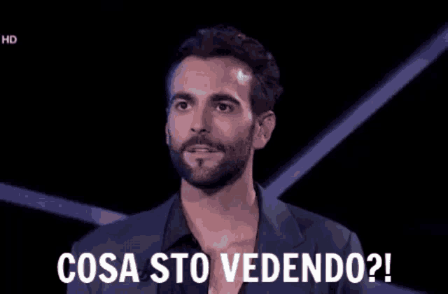 a man with a beard says " cosa sto vedendo " in a dark room
