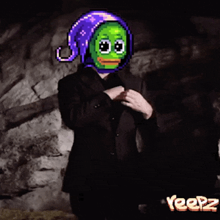 a man in a suit has a pixelated frog on his head and the word yeez on the bottom