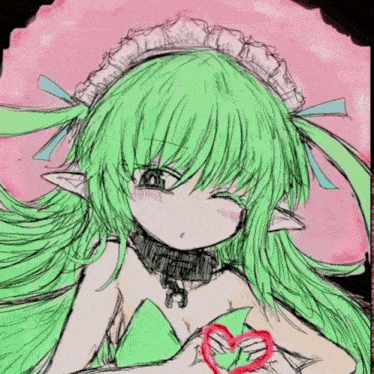 a drawing of a girl with green hair and a red heart