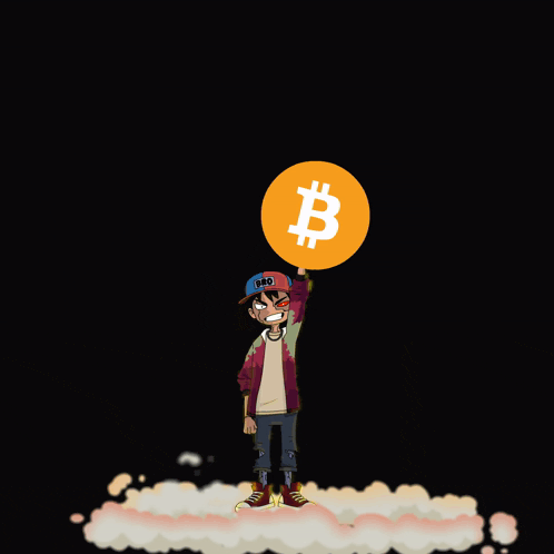 a cartoon of a man holding up a coin with a b on it