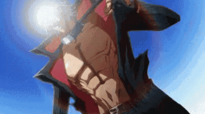 a man in a red jacket is standing in front of a blue sky with his shirt off .