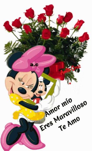 a cartoon of minnie mouse holding a bouquet of red roses with the words amor mio eres maravilloso te amo