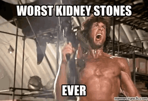 a shirtless man is holding a knife with the words worst kidney stones ever written above him