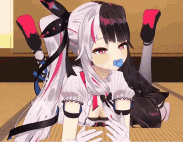 a 3d anime girl is laying on the floor with a pacifier in her mouth .