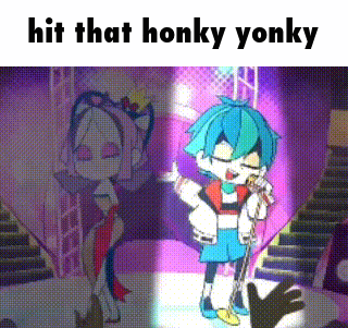 a cartoon character is singing into a microphone on a stage with the words `` hit that honky yonky '' .