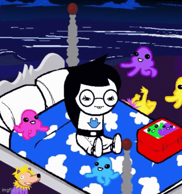 a cartoon drawing of a girl sitting on a bed with octopus around her